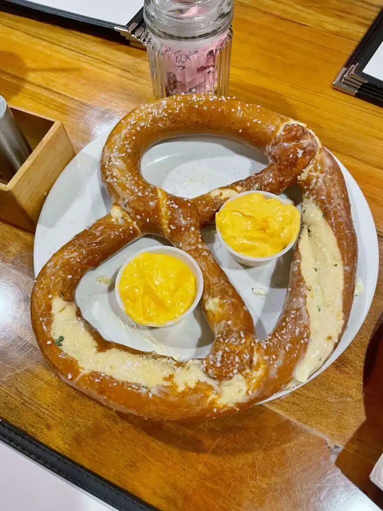 a huge pretzel with cheese in helen, georgia